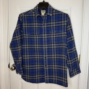 Vintage 90s L.L. Bean Heavy Cotton Chamois Shirt Blue Gray Scotch Plaid - Medium
